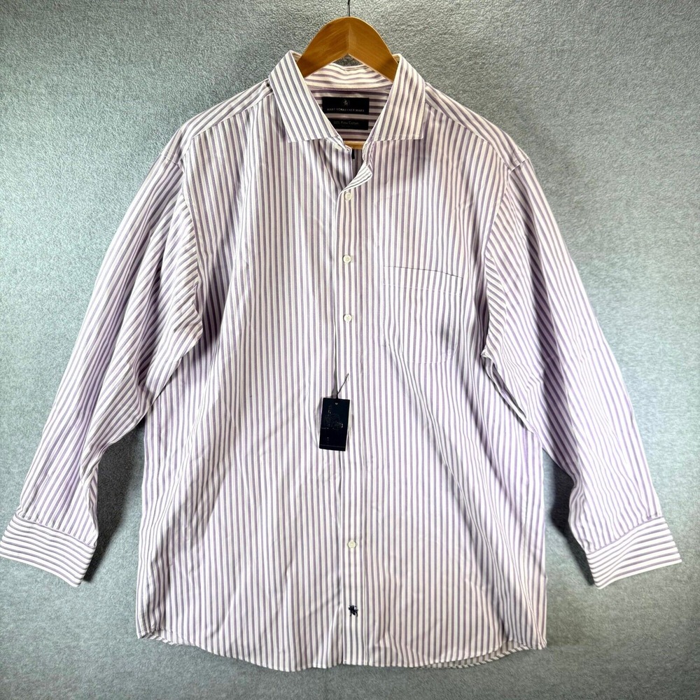 Hart Schaffner Marx Dress Shirt Men 16.5/33 Purple White Stripe Non Iron Classic